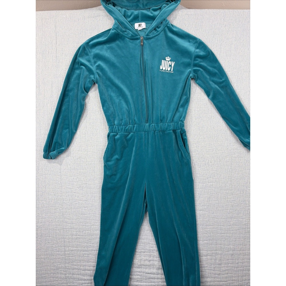 Juicy Couture Velour Preppy Teal Hooded Track Soft‎ Jumpsuit - Size XS